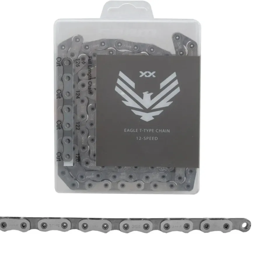 SRAM XX Eagle T-Type Flattop Chain - 12-Speed 126 Links Hollow Pin Includes PowerLock Connector PVD Coated Silver