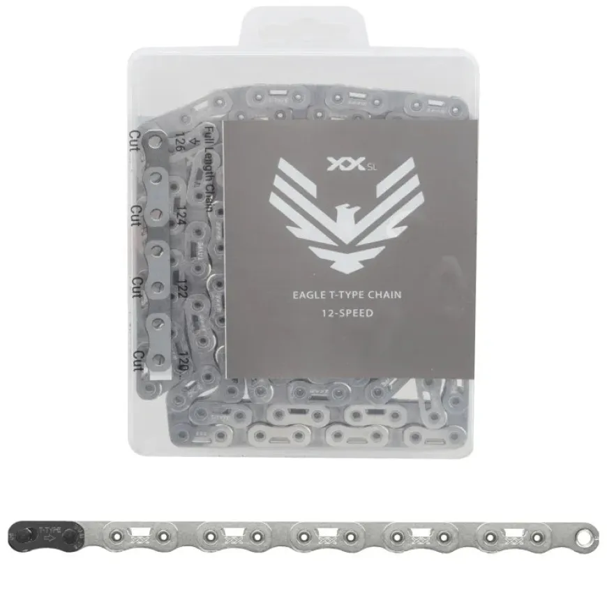 SRAM XX SL Eagle T-Type Flattop Chain - 12-Speed 126 Links Hollow Pin Includes PowerLock Connector PVD Coated Silver