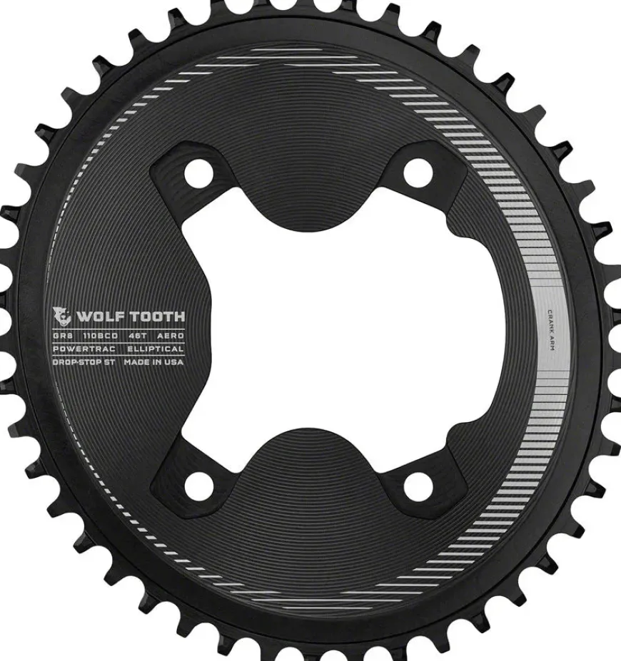 Wolf Tooth Elliptical Aero 110 Asymmetric BCD Chainring - 46t 110 Asymmetric BCD 4-Bolt Drop-Stop ST For Shimano GRX 800 Series BLK