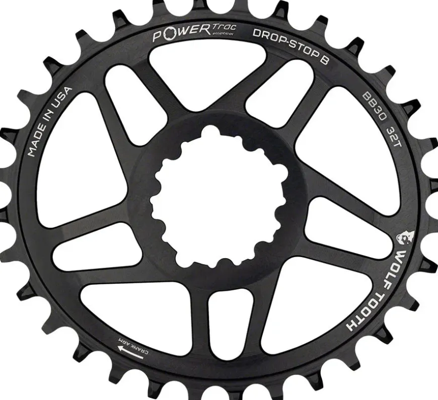 Wolf Tooth Elliptical Direct Mount Chainring - 32t SRAM Direct Mount Drop-Stop B For SRAM BB30 Short Spindle Cranks 0mm Offset BLK